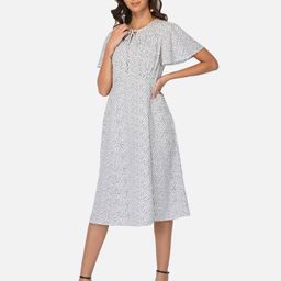 Beatnik Polka Dots Printed Flared Sleeves A-Line Midi Dress-image-69