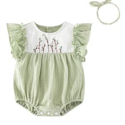 StyleCast Infants Girls Green Cotton Floral Embroidered Bodysuit with Headband-picture-1