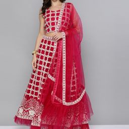 Kvsfab Pink & White Embroidered Thread Work Semi-Stitched Lehenga & Blouse With Dupatta-picture-3
