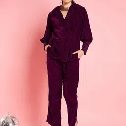 Antheaa Purple Embellished Lapel Collar Velvet Top With Trousers-image-24