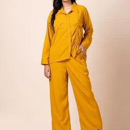 SARSO Cinched Cuffed Sleeves Pocket Detailing Casual Shirt & Flared Trousers-image-9