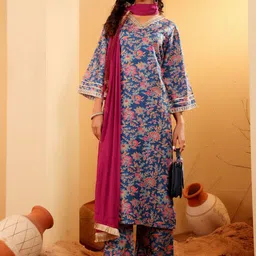 Varanga Floral Printed Zari V Neck Flared Sleeves A-Line Kurta With Palazzo And Dupatta-picture-13