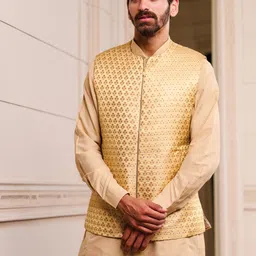 Tasva Men Beige Kurta with Churidar & Brocade Jacket-42