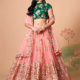FABPIXEL Embroidered Mirror Work Semi-Stitched Lehenga & Unstitched Blouse With Dupatta-image-32