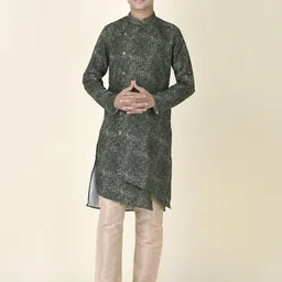 TABARD Boys Green Ethnic Motifs Printed Panelled Pure Cotton Kurta Set-27