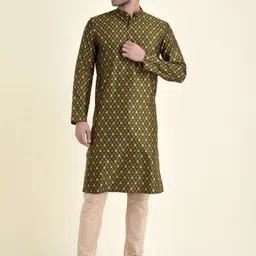 TABARD Men Green & Yellow Cotton Printed Kurta with Churidar-35