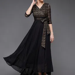 Miss Chase Self Design V-Neck Tie-Ups Georgette Fit & Flare Dress-image-12