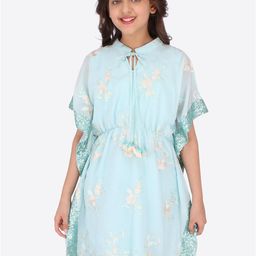 CUTECUMBER Girls Turquoise Blue Floral Tie-Up Neck Georgette Kaftan Dress-image-21