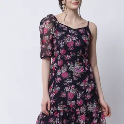 MARC LOUIS Women Navy Blue & Pink Floral Georgette Dress-image-48