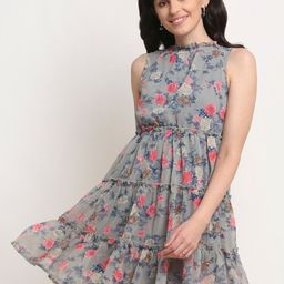 La Zoire Grey & Pink Floral Layered Georgette Dress-image-24