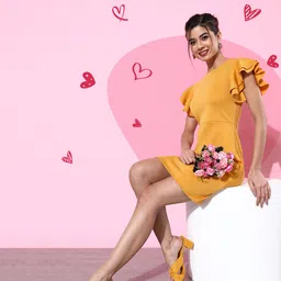 DODO & MOA Mustard Solid Flutter Sleeves Dress-image-38