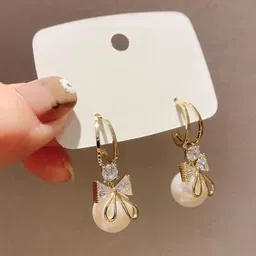 PolluxCraft Gold-Plated Stone Studded Pearls Beaded Contemporary Drop Earrings-11