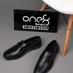 One8 Men Black Solid Leather Loafers Shoes-image-7