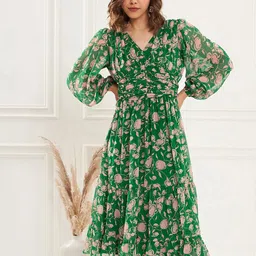 Antheaa Green Floral Printed V-Neck Puff Sleeve Pleated Tiered Fit & Flare Dress-picture-35