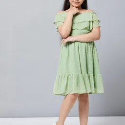 Stylo Bug Green Self Design Off-Shoulder Chiffon A-Line Dress-picture-52