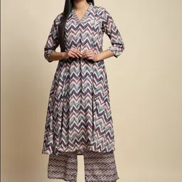 TOOCHKI Chevron Printed V-Neck Three-Quarter Sleeves A-Line Kurta With Palazzo-image-86