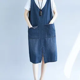 StyleCast x Revolte V-Neck Sleeveless Frayed Denim Cotton Pinafore Midi Dress-image-27