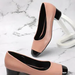 DressBerry Peach-Coloured And Black Colourblocked Block Heel Pumps-18