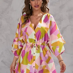 StyleCast Pink Geometric Printed Flared Sleeves Tie-Ups Mini Fit & Flare Dress-picture-17