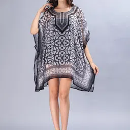 Aditi Wasan Ethnic Motifs Print Chiffon Round Neck Kimono Sleeves Kaftan Dress-image-51