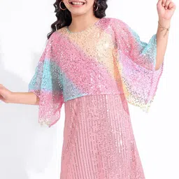 Hola Bonita Girls Embellished Kimono Sleeve Layered Net Kaftan Dress-picture-14