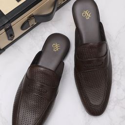 House of Pataudi Men Brown Leather Textured Handcrafted Mules-image-62