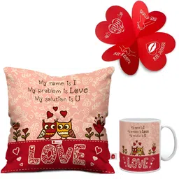 Indigifts 3Pcs Red & Peach-Colored Printed Cushion & Mug Gift Sets-17