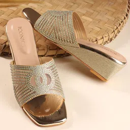 ICONICS Women Gold Embellished Ethnic Wedge Sandals-50