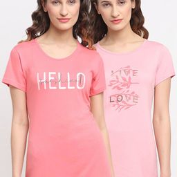 Kanvin Women Pink Pack Of 2 Printed Lounge Tshirts-image-46