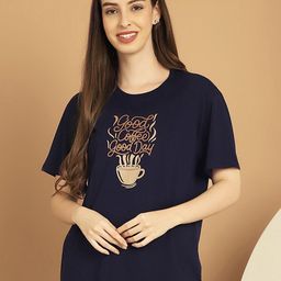 Kanvin Navy Blue & Brown Printed Round Neck Lounge Tshirts-picture-4