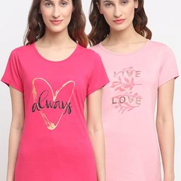 Kanvin Women Pack Of 2 Pink Printed Lounge T-Shirts-image-97