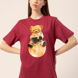 Lounge Dreams Women Burgundy & Brown Printed Pure Cotton Oversized Lounge T-shirt-picture-2