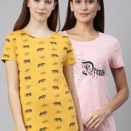 Kryptic Women Pack Of 2 Pink and Yellow Printed Pure Cotton Lounge T-Shirts-image-65
