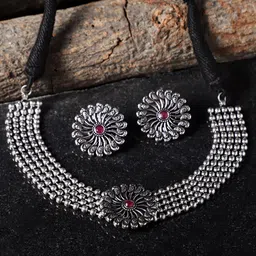 VENI 92.5 Silver-Plated Stone-Studded Oxidized Jewellery Set-picture-0