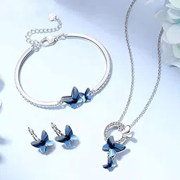 Yellow Chimes Silver-Tone Crystal Studded Butterfly Pendant With Earrings & Bracelet-image-82