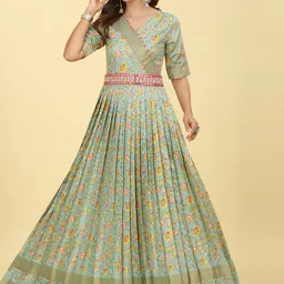 CHANSI Ethnic Motifs Printed Fit & Flare Silk Ethnic Dress Comes With Embellished Belt-picture-9