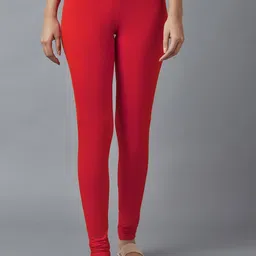 KEX Women Red Solid Cotton Slim Fit Churidar-Length Leggings-image-98