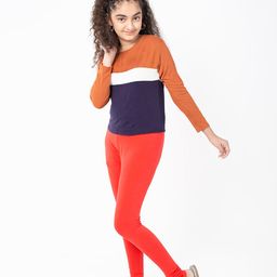 indian flower Girls Red Solid Cotton Churidar-Length Leggings-image-51