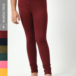BAESD Girls Pack Of 6 Mid-Rise Churidar-Length Cotton Leggings-image-93