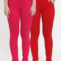 TAG 7 Women Pack Of 2 Red & Pink Solid Straight-Fit Ankle-Length Leggings-image-99