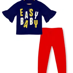 KiddoPanti Girls Navy Blue & Red Printed Pure Cotton T-shirt with Leggings-image-80