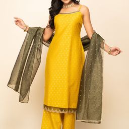 FIORRA Ethnic Motifs Printed Shoulder Straps Zari Straight Kurta With Palazzos & Dupatta-1