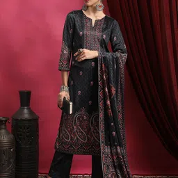 Vishudh Black Ethnic Motifs Printed Notch Neck Kurta With Palazzo & Dupatta-picture-3
