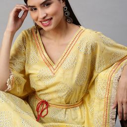SHOWOFF Women Yellow Floral Printed Kaftan Kurta with Palazzos-picture-15