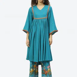 Biba Women Turquoise Blue Floral Empire Sequinned Kurta with Palazzos With Dupatta-image-27