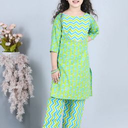 ADIVA Girls Green Floral Printed Kurta with Palazzos-image-11