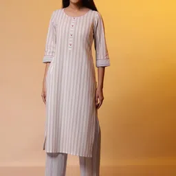 AURELIA Round Neck Striped Regular Pure Cotton Straight Kurta with Palazzos-picture-22