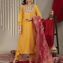 Varanga Mustard Yellow Ethnic Motifs Embroidered Kurta with Palazzos & With Dupatta-picture-9
