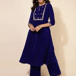 Janasya Ethnic Motifs Yoke Design Gotta Patti Velvet A-Line Kurta with Palazzos-picture-1