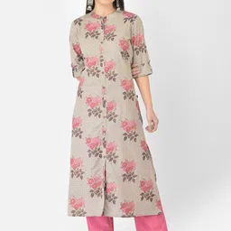 Pistaa Women Plus Size Grey & Pink Floral Printed Kurta with Palazzos-picture-7